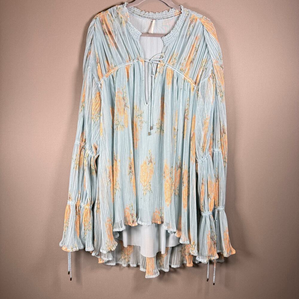 NWT Free People Dahlia Tunic - blue floral mesh boho blouse oversized size L - Picture 2 of 11